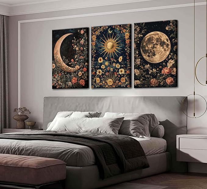 3Pcs Sun and Moon Celestial Canvas Wall Art Vintage Gothic Mystical Crescent Floral Plant Dark Academia Painting Picture Wall Decor Posters Print Artwork for Living Room Bedroom Decoration (16L" x 12W"-Canvas)