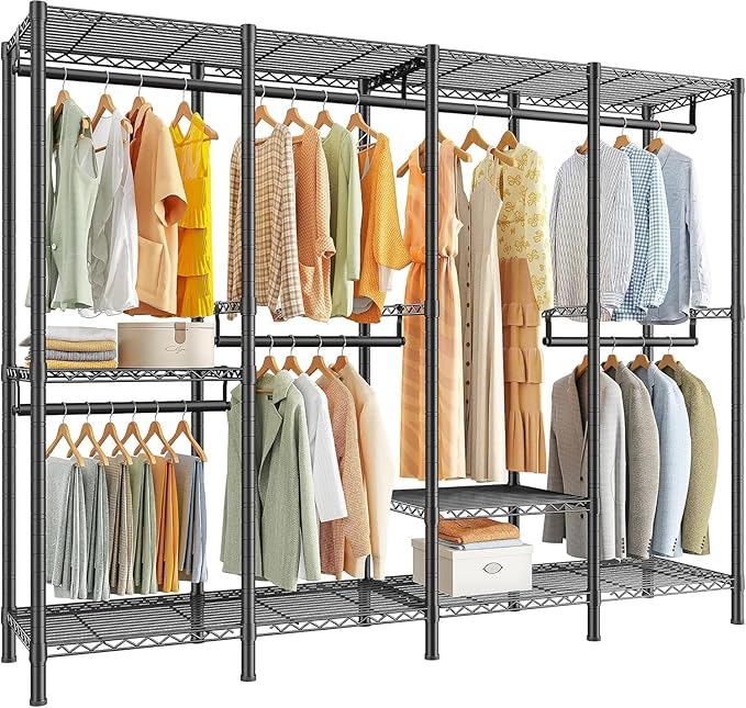 Raybee Clothes Rack for Hanging Clothes,Clothing Rack with Shelves,Portable Closet,Adjustable,76" W x 77" H x 18" D,Max Load 1150lbs,Black
