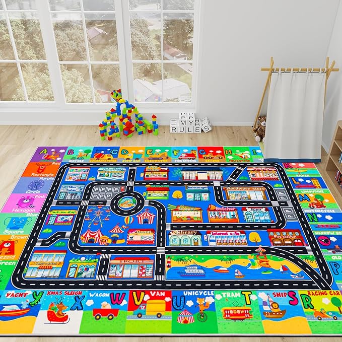 Kids Rugs for Toy Cars Playroom 110"×78.7" ABC Transportation Animals Play Mat Educational Mat Alphabet Area Rug Public Buildings Kids Playtime Collection Toddler Learning Carpet