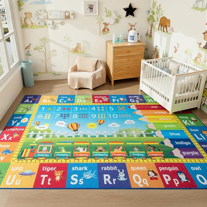 ST. BRIDGE Educational Kids Rug for Playroom 4x6 Feet, Non Slip Play Mat with ABC Alphabet, Numbers & Animals for Toddler Preschool Nursery Classroom, Soft Washable Area Rug for Early Learning