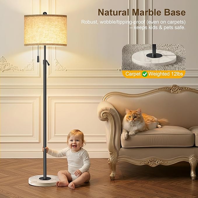 Floor Lamp for Living Room, Floor Lamp with Remote Control, Adjustable Height Modern Standing Lamp with Marble Base & Linen Shade, Dimmable Tall Floor Light for Bedroom, Reading Black