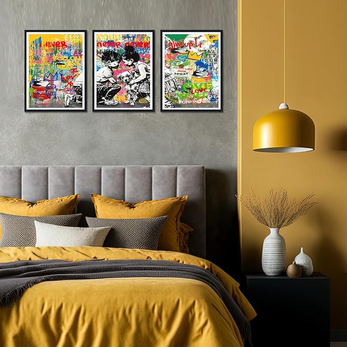 Novatique Colorful Graffiti Wall Art Banksy Canvas Wall Art Street Teenager Graffiti Poster Canvas Print for Living Room Bedroom,12" x 16" x 3Pcs