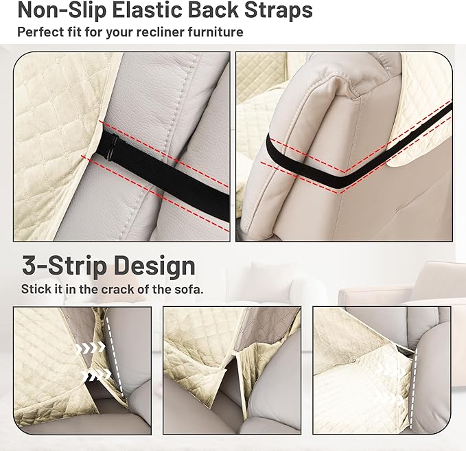 Recliner Sofa Covers 100% Waterproof Velvet L Shape Recliner Couch Covers for Dogs Pets Washable Anti Slip 1 Additional Couch Cover for Reclining Couch (Additional Seat, Ivory White)
