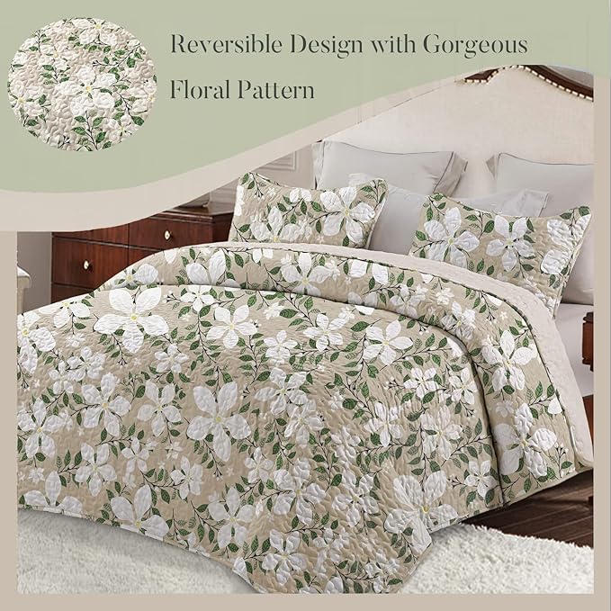 Whale Flotilla Reversible Printed Quilt King Size, Extra Soft Boho Floral Leaf Bedspreads for Bed Lightweight King Quilt Bedding Set Coverlets with 2 Pillow Shams for All Seasons, White Bone