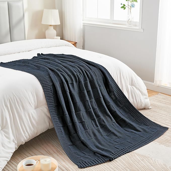 CozeCube Check Knit Throw Blanket, Midnight Navy Checkered Throw for Couch, Decorative Christmas Soft Cozy Warm Knitted Blanket for Bed Sofa Living Room, 60"X80"