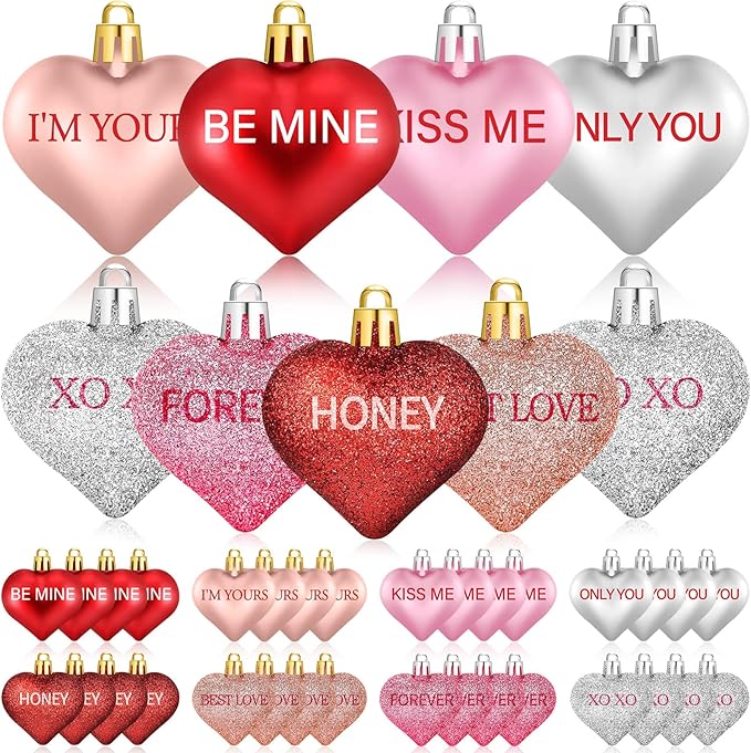 32PCS Valentines Tree Decorations Heart Ornaments, 8 Styles Valentines Day Heart Shaped Ornaments with Sweet Love Words Heart Baubles for Romantic Valentines Tree Decor Wedding Anniversary Decor