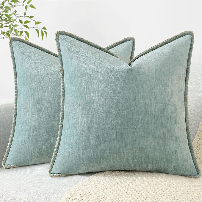 decorUhome Spring Chenille Soft Cozy Throw Pillow Covers 24x24 Set of 2, Modern Farmhouse Boho Velvet Decorative Euro Sham Pillow Cases with Stitched Edge for Couch Sofa Bed Home Decor, Aqua Haze