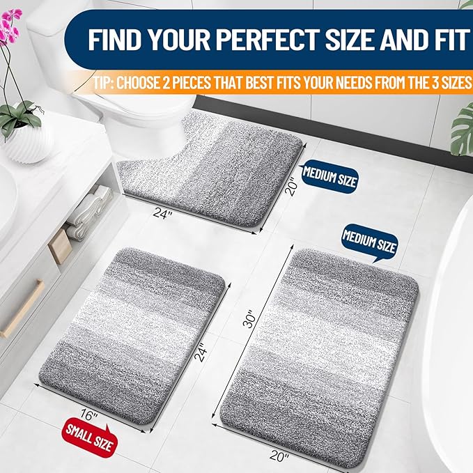OLANLY Bathroom Rug Set 2 Piece, Soft Absorbent Microfiber Bath Rug Set, Non-Slip, Machine Wash Dry, Plush Shaggy Bath Mats for Bathroom (30"x20"+24"x16", Light Grey)