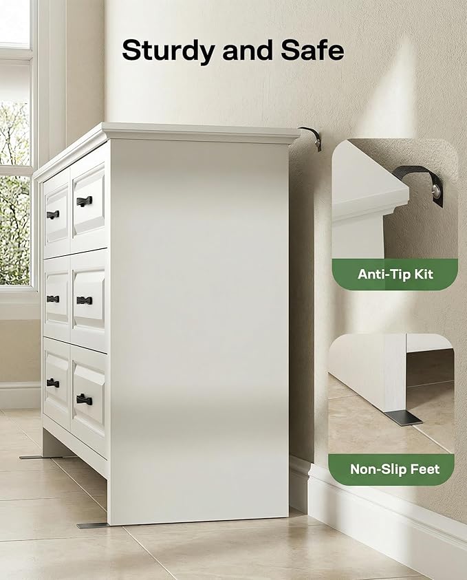 Marsail Farmhouse 6 Drawer Dresser, Wood Chest of Drawers with Natural Texture, Smooth Gliding Drawers, Versatile Storage Organizer Cabinet for Bedroom & Living Room, White