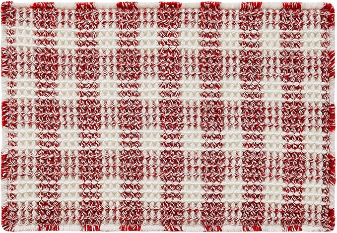 Waffle Bath Mat, Boho Christmas Bathroom Rugs Non Slip Washable Absorbent Checkered Bathroom Mat Quick Dry Cute Bath Mat, 30"x20" Red and White
