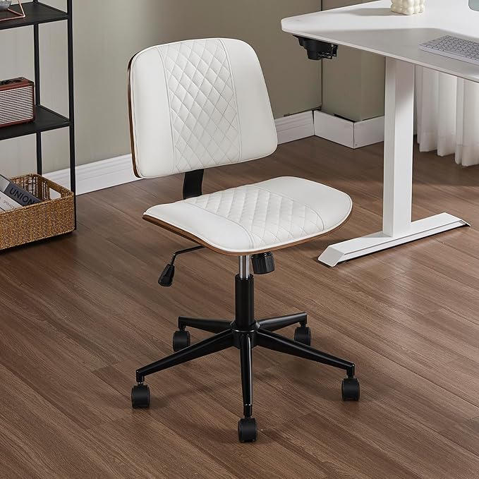 Small Home Office Chair - Armless Mid Back Desk Chair with 360° Swivel and Wheels, PU Upholstered Height Adjustable Modern Walnut Computer Chair for Home, Office Meeting Room - White