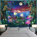 Serborlur Blacklight Fantasy Forest Moon Tapestry UV Reactive Butterfly Galaxy Space Tapestries Wall Hanging Aesthetic Starry Night Backdrop for Bedroom Living Room Decor (70.8" x 92.5")