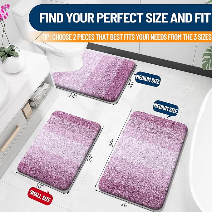 OLANLY Bathroom Rug Set 2 Piece, Soft Absorbent Microfiber Bath Mats and U-Shaped Contour Toilet Rug, Non-Slip, Machine Wash Dry, Plush Shaggy Bath Mats for Bathroom (30"x20"+24"x20", Pinkish-Purple)