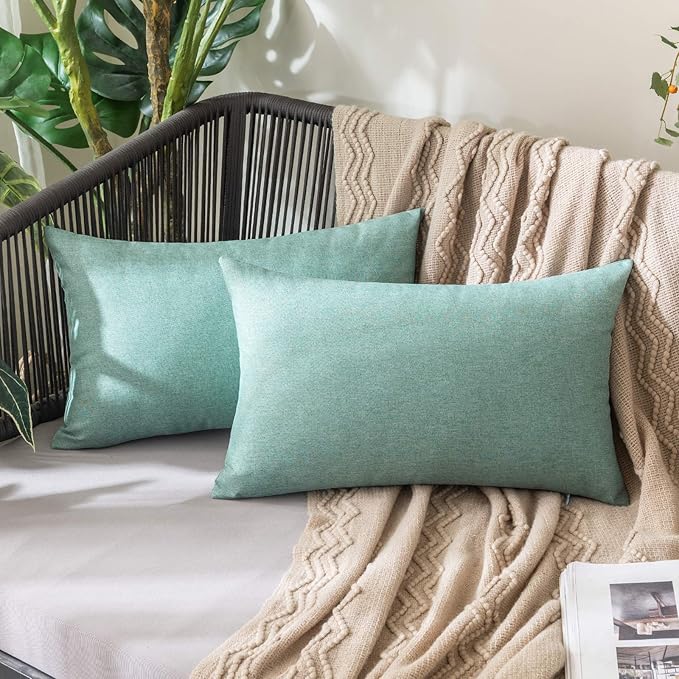 MIULEE Pack of 2 Decorative Outdoor Solid Waterproof Throw Pillow Covers Spring Faux Linen Garden Farmhouse Cushion Cases for Summer Patio Tent Balcony Couch Sofa 20x12 Inch Teal