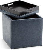 SIMPLIHOME Rockwood Cube Storage Ottoman with Tray - 17 inch Wide Upholstered Vegan Leather Square Storage Ottoman in Denim Blue, Contemporary Cube Ottoman for Living Room with Serving Tray