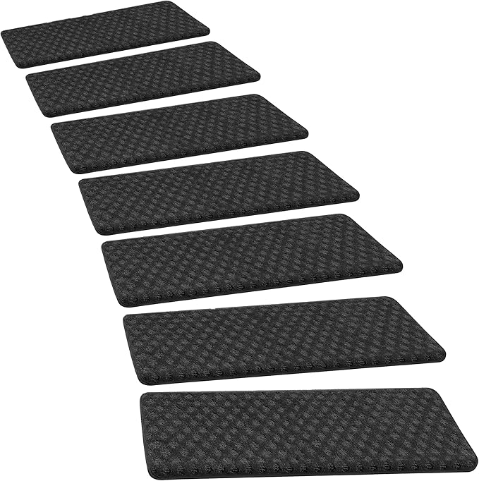 PURE ERA Bullnose Carpet Stair Treads Tape Free Non-Slip Indoor Stair Protectors Pet Friendly Stair Treads for Wooden Steps 9.5" x 30"(14 Pieces,Black Mini-Diamond Trellis)