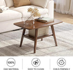 100% Solid Wood Coffee Table for Living Room, 31.5" Small Tables with Shelf Storage, Mid Century Modern Storage Coffee Table with Rounded Corners (Oak Wood Walnut Color)