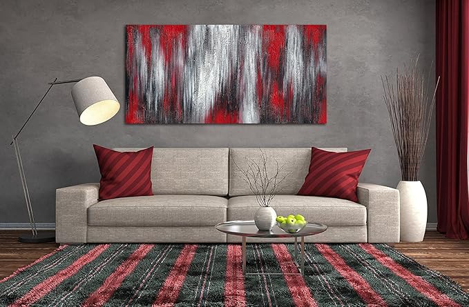 MyArton Textured Red Black White Abstract Canvas Wall Art Hand Painted Modern Decoration Oil Painting Picture Framed Ready to Hang 48x24inch for Living Room Bedroom Office Decor