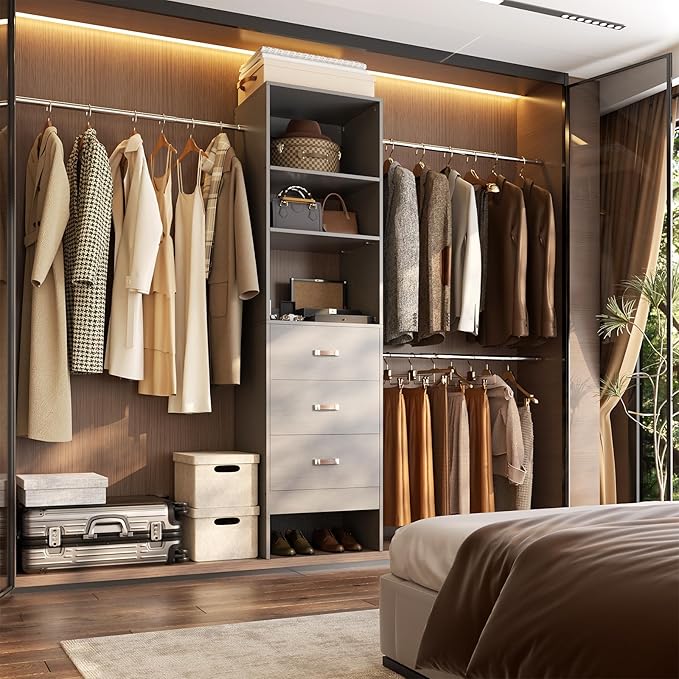 96'' Closet Organizer System with 3 Hanging Rods, 8FT Closet Organizers and Storage with 3 Wooden Drawers, Built in Closet Organizer Systems, Adjustable Walk-in Wardrobe from 5-8FT, Grey