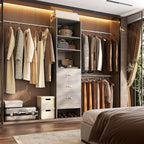 96'' Closet Organizer System with 3 Hanging Rods, 8FT Closet Organizers and Storage with 3 Wooden Drawers, Built in Closet Organizer Systems, Adjustable Walk-in Wardrobe from 5-8FT, Grey