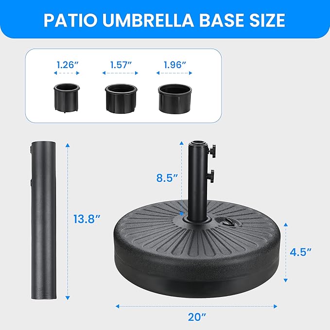 Simple Deluxe 20 Inch 50lbs Weight Capacity Heavy Duty Fillable Market Patio Umbrella Round Base Stand with Holder for Outdoor Lawn, Garden, Yard, Deck, 20inch, Black