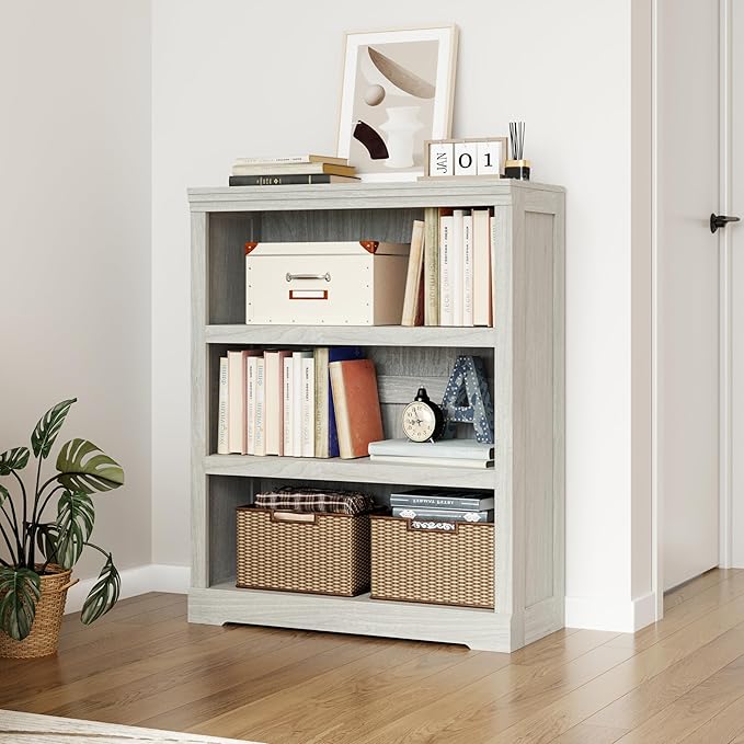 LINSY HOME 3-Tier Bookcase, Small Bookshelf Wood Display Storage Shelves Farmhouse Bookshelf for Home Office, Living Room, Bed Room - White Oak