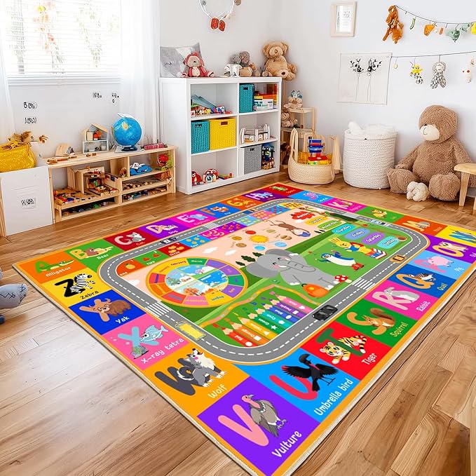 ABC Rug 7' x 9', Kids Rug for Playroom Educational Carpet for Learning Numbers, Colors, Animal Words and Season, Washable Kid Play Mat for Children Classroom Playroom Girls Boys Room