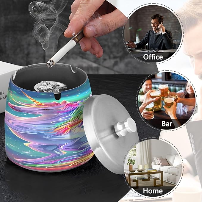 Rainbow Unicorn Ashtray with Lid, Outdoor Ashtrays for Patio, Stainless Steel Ashtray Odorless Smokeless for Home Office Balcony