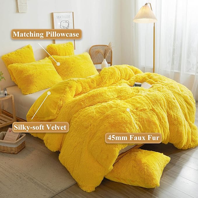 XeGe Plush Shaggy Duvet Cover Set, Luxury Ultra Soft Crystal Velvet Fluffy Furry Bed Set 2 Pieces(1 Faux Fur Fuzzy Comforter Cover + 1 Faux Fur Throw Pillow Case), Zipper Closure (Twin, Yellow)
