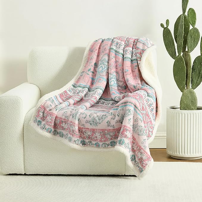 Boho Chic Sherpa Throw Blanket - Vibrant Bohemian Print & Ultra-Soft Cozy Lining, Stylish & Warm Winter Throw for Couch, Bed, or Décor