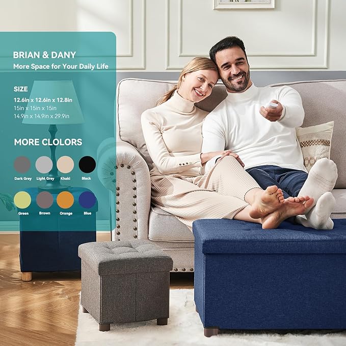 BRIAN & DANY Ottoman with Storage, Small Storage Ottoman for Dorm, Linen Folding Ottoman Foot Stool with Legs for Living Room and Bedroom, 15"x15"x15" - Blue