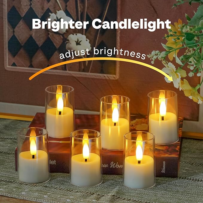 8pcs Battery Operated 1.7" x2.5" Clear Acrylic Remote LED Tea Lights, Flameless 2/4/6/8h Timer Fake Ivory Bulk Votive Candles with Batteries, Flickering Warm Light Pure Plastic Tealights