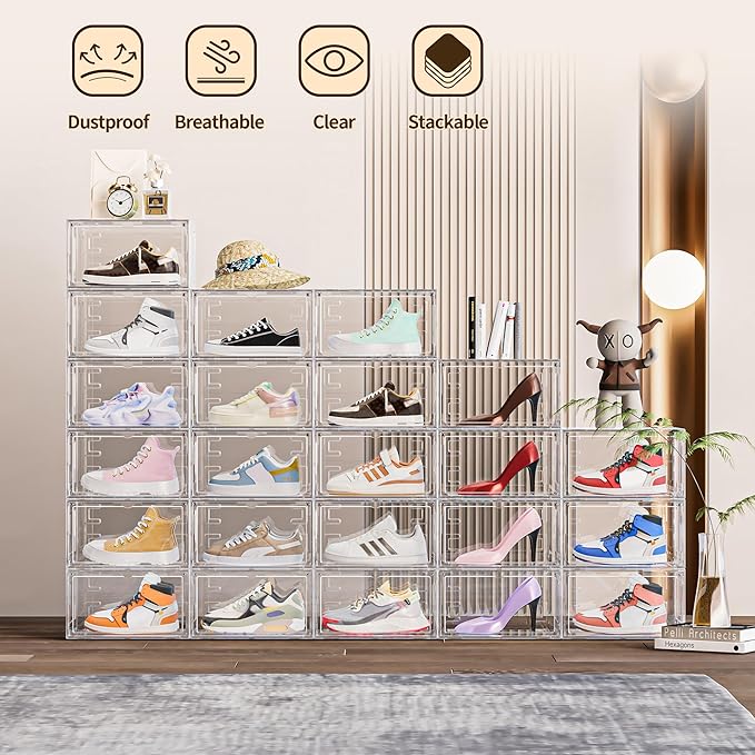 10 Pack XX Large Shoe Organizer, Heavy-Duty Hard Thicken Plastic Clear Stackable Shoe Storage Box Organizer for Closet, Space-Saving Shoe Rack Display Case Bin Containers for Sneakers, Clear