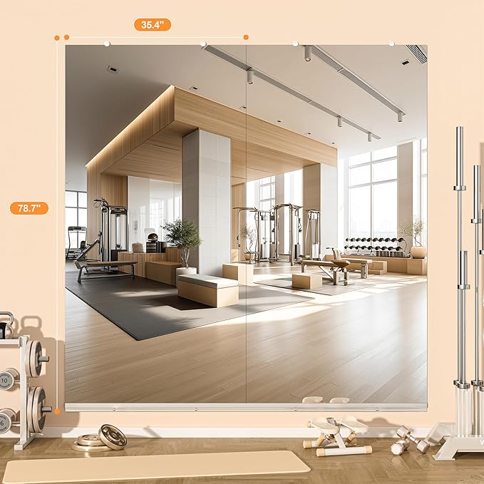 Hasipu Home Gym Mirror, 79"x36" Each, 2-Pack Frameless Wall Mounted Mirrors with Glass Clamps & 1 Aluminum Rail, Large Body Mirror for Home Gym, Yoga Studio, Bedroom, Silver Tempered Glass