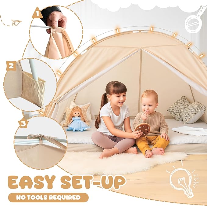 LEEDOR Bed Canopy for Kids/Adults,Mosquito Net & Privacy Tent 2-in-1 Bed Tent, Mesh & Blackout Cloth Double Design Dream Tent,Indoor Safety Bed Tent for Girls/Boys Full & String Lights (No Mattress)