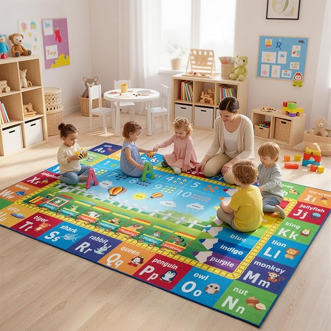 ST. BRIDGE Educational Kids Area Rug 8x10 Feet, Non Slip Play Mat Learning with ABC Alphabet, Numbers & Animals for Preschool Toddler, Soft Washable Carpet for Playroom Nursery Classroom Bedroom