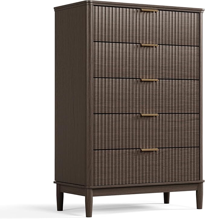 LINSY HOME Fluted Dresser for Bedroom with 5 Drawers, 46" Tall Mid Century Modern Dressers, Wide Boho Chest of Drawer, Large Wood Accent Storage Cabinet for Living Room, Curved Profile Design, Walnut