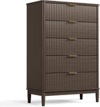 LINSY HOME Fluted Dresser for Bedroom with 5 Drawers, 46" Tall Mid Century Modern Dressers, Wide Boho Chest of Drawer, Large Wood Accent Storage Cabinet for Living Room, Curved Profile Design, Walnut