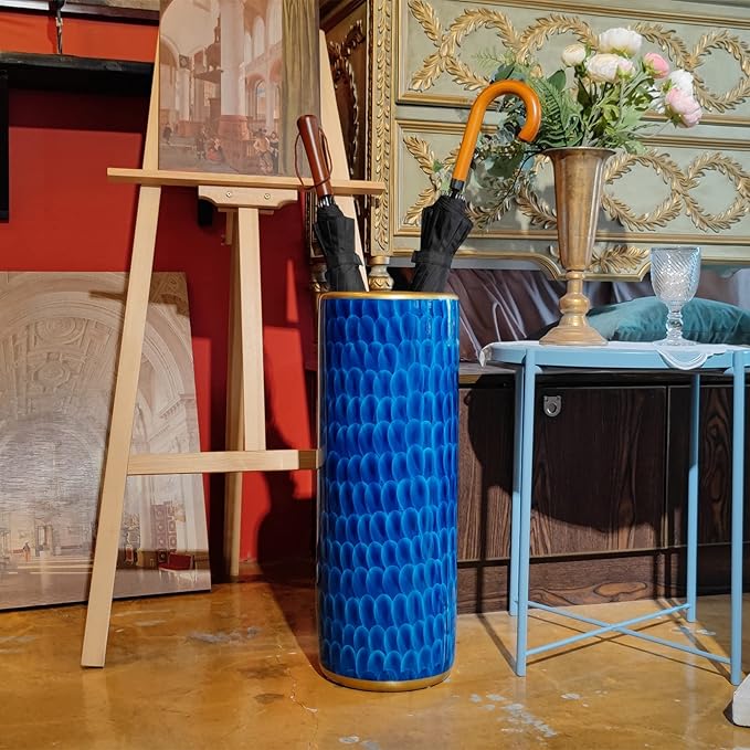 Luxurious Umbrella Stand Holder Umbrella Bucket Umbrella Rack Barrel Hand-Painted Feather Theme Porcelain Ceramic Floor Vase Entryway Porch Indoor 24" High Peacock Blue