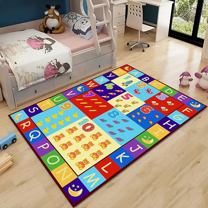 ABC Alphabet & Numbers Learning Rug 6x9ft - Non-Slip Washable Play Mat for Toddlers 1-3, Baby Nursery & Preschool Classroom Carpet, Soft Educational Area Rug