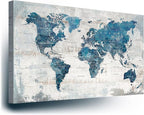 Wall Art Living Room Office Pictures Large World Map Wall Decor Oversized Decor for Women Framed Blue Artwork Rustic Framhouse House Decorations