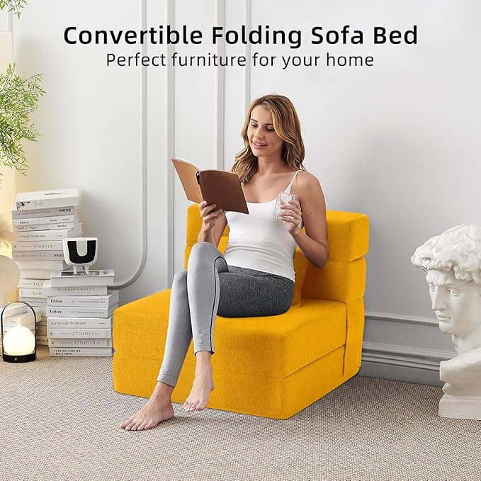 FILUXE Convertible Folding Sofa Bed-Sleeper Chair with Pillow, Modern Linen Fabric Floor Futon Couch, Foldable Mattress for Living Room/Dorm/Guest Use/Home Office/Apartment,Single Size,Orange