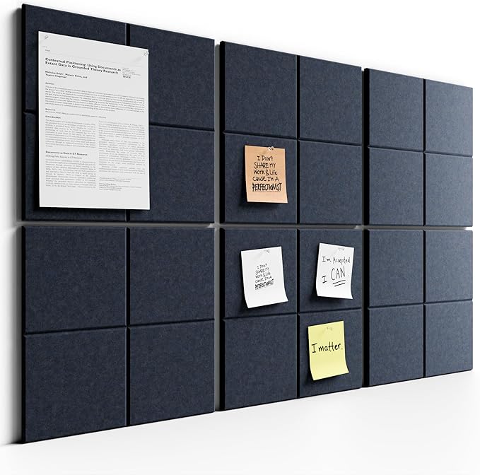Bumusty Large Felt Bulletin Board, 36" x 24" Cork Board Alternative, 6-Pack Wall Tiles with 4-Compartment Design, 30 Push Pins, 40 Adhesive Tabs, Ideal for Office & Home Decor, Deep Charcoal Blue