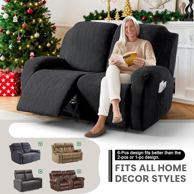 VANSOFY Recliner Loveseat Cover, 6-Pieces Stretch Dual Recliner Sofa Cover Soft Jacquard Reclining Couch Slipcover Furniture Protector with Elastic Bottom for Kid, Pets(2 Seat,Black)