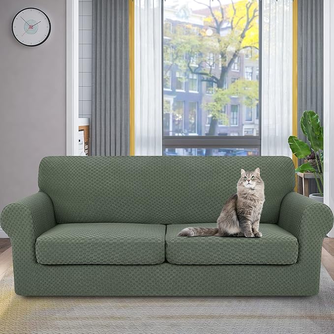 YEMYHOM Latest Checkered 3 Pieces Couch Covers for 2 Cushion Couch High Stretch Sofa Cover with 2 Extra Large Seat Cushion Covers Anti Slip Elastic Slipcovers (Army Green), 71"-91"(2 Cushions)