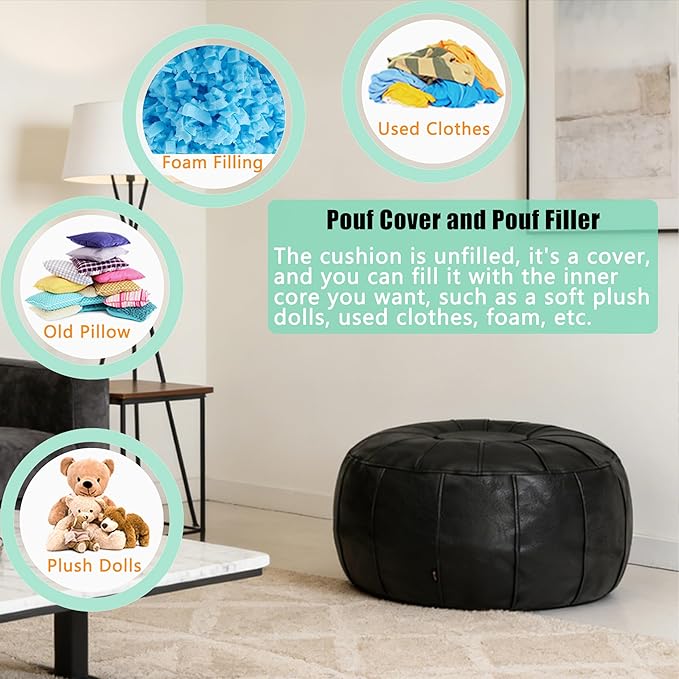 Thgonwid Unstuffed Moroccan Ottoman Pouf Cover, Ottoman Footstool Storage Solution, Bean Bag Chair, Foot Rest, Black