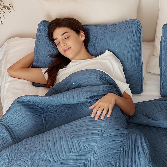 Exclusivo Mezcla Twin Quilt Bedding Set, Lightweight Bluish Grey Quilts Twin Size for All Seasons, Soft Microfiber Bedspreads Coverlets Bed Cover with Leaf Pattern, 2 Piece