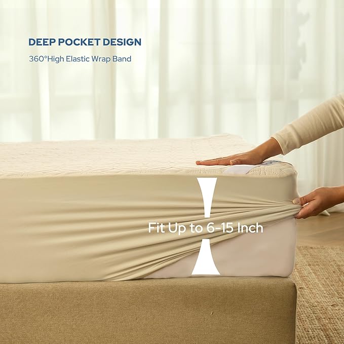 BEDLORE Waterproof Mattress Protector, Twin Size Mattress Pad with Deep Pocket 6"-15" Depth, Soft Breathable Single Bed Mattress Cover for Bedroom, Dorm Room (Beige)