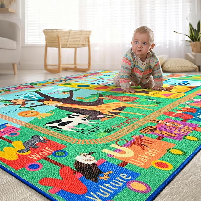 Kids Rug for Playroom, 4x6 ABC Educational Carpet for Classroom, Fun Alphabet Area Rugs for Learn Numbers Season Animal Weather and Shapes Playmat for Girls Boys Room Nursery Decor