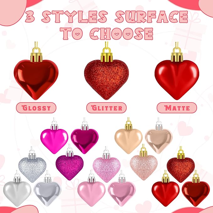 48PCS Valentine's Day Heart Shaped Ornaments - Classic Red Pink Silver Rose Rosegold Colors, Hanging Hearts for Tree Decorations